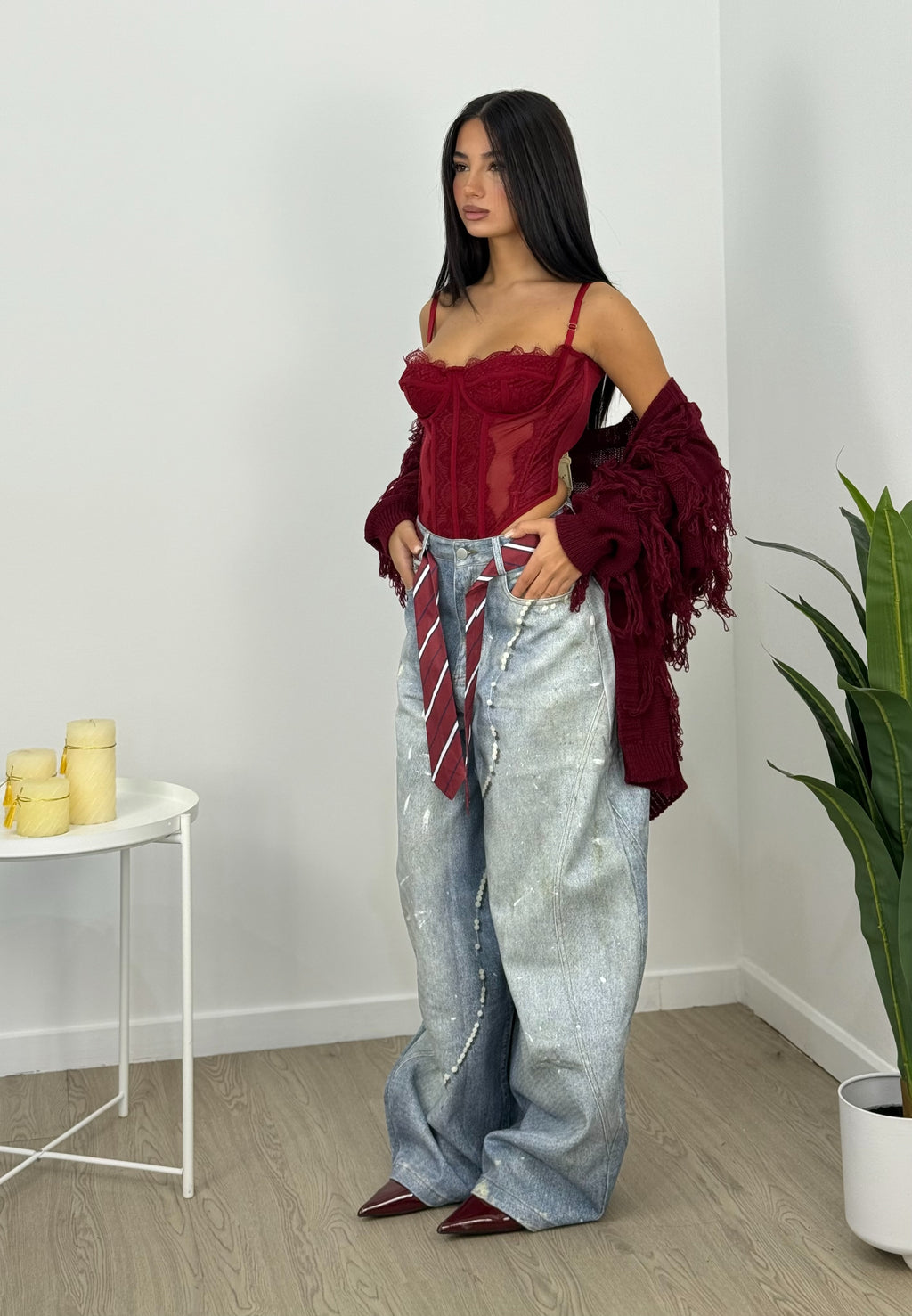 Jeans stampa con cinta cravatta